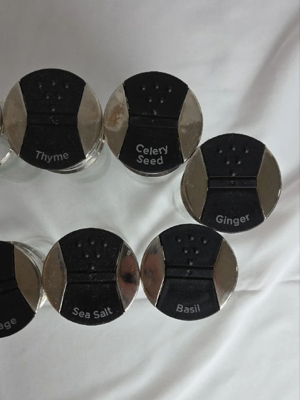 Set of 18 Clear Glass Spice Jars with Silver Lids and Black Labels